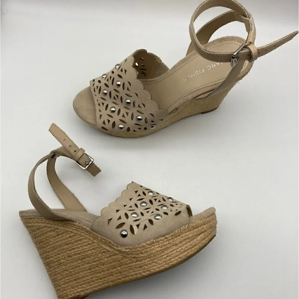 Marc Fisher HATA Cutout Leather Upper Wedge Sandals Tan Color Size 5,5